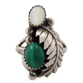 Vintage Navajo Malachite Mother of Pearl Sterling Ring Sz 8