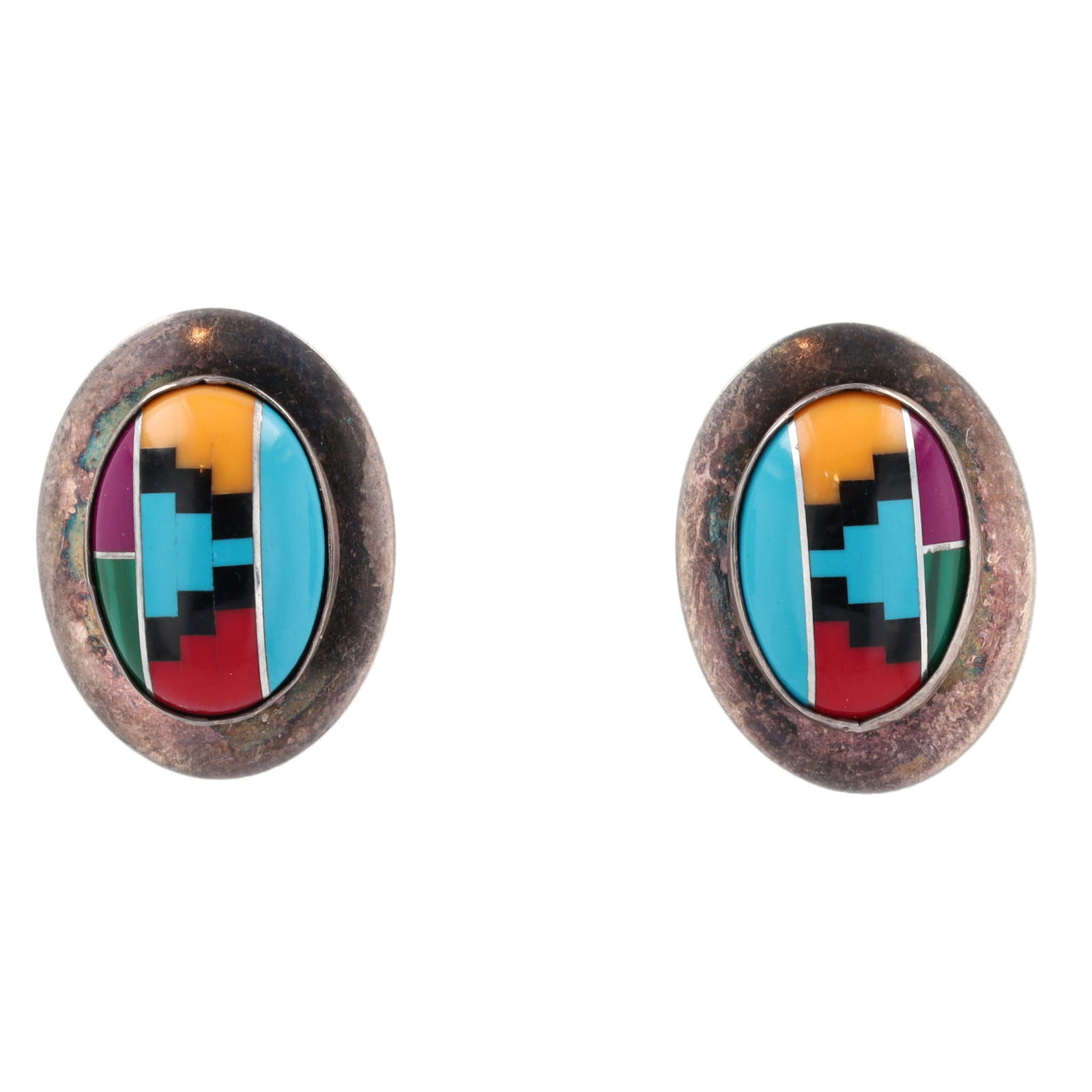Signed BI Zuni Inlay Sterling Earrings (1 of 4)
