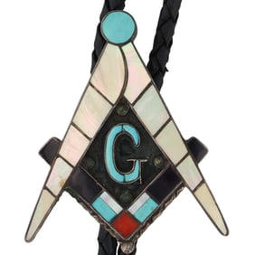 Willford & Lena Quandelacy Zuni Masonic Inlay Sterling Bolo Tie
