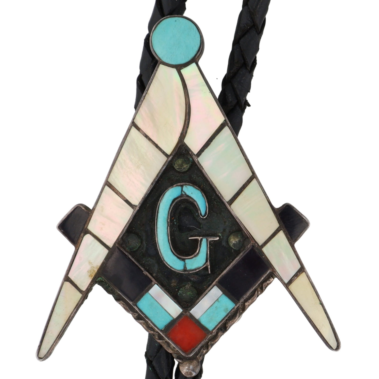 Willford & Lena Quandelacy Zuni Masonic Inlay Sterling Bolo Tie: Willford & Lena Quandelacy Zuni Masonic Inlay Bolo Tie 26.5g-Turquoise, Onyx, Mother of Pearl, Coral, Sterling-Tie is Broken