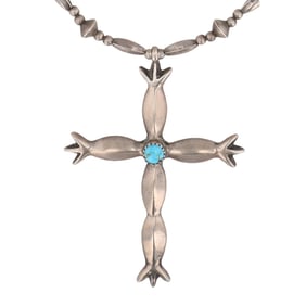Vintage Navajo Turquoise Sandcast Sterling Cross Necklace