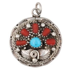 Signed B Navajo Coral Turquoise Sterling Pendant