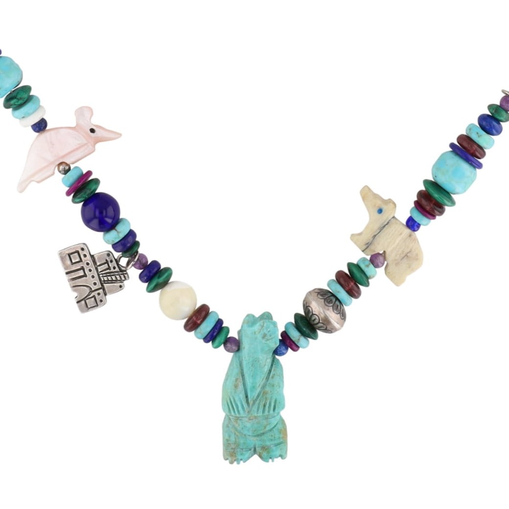 Sun West Silver Co. Carved Fetish Charm Necklace: Sun West Silver Co. Carved Fetish Charm Necklace 83g-Malachite, Mother of Pearl, Agate, Glass, Sterling, Turquoise
