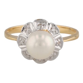 18K/Platinum Pearl & Diamond Cocktail Ring 2.4g Sz 6.5