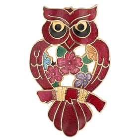 Stunning Vintage Gold Tone Red Cloisonné Owl Brooch