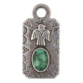 Wonderful Sterling Navajo Dog Tag Pendant with Green Turquoise & Thunderbird, Marked STERLING