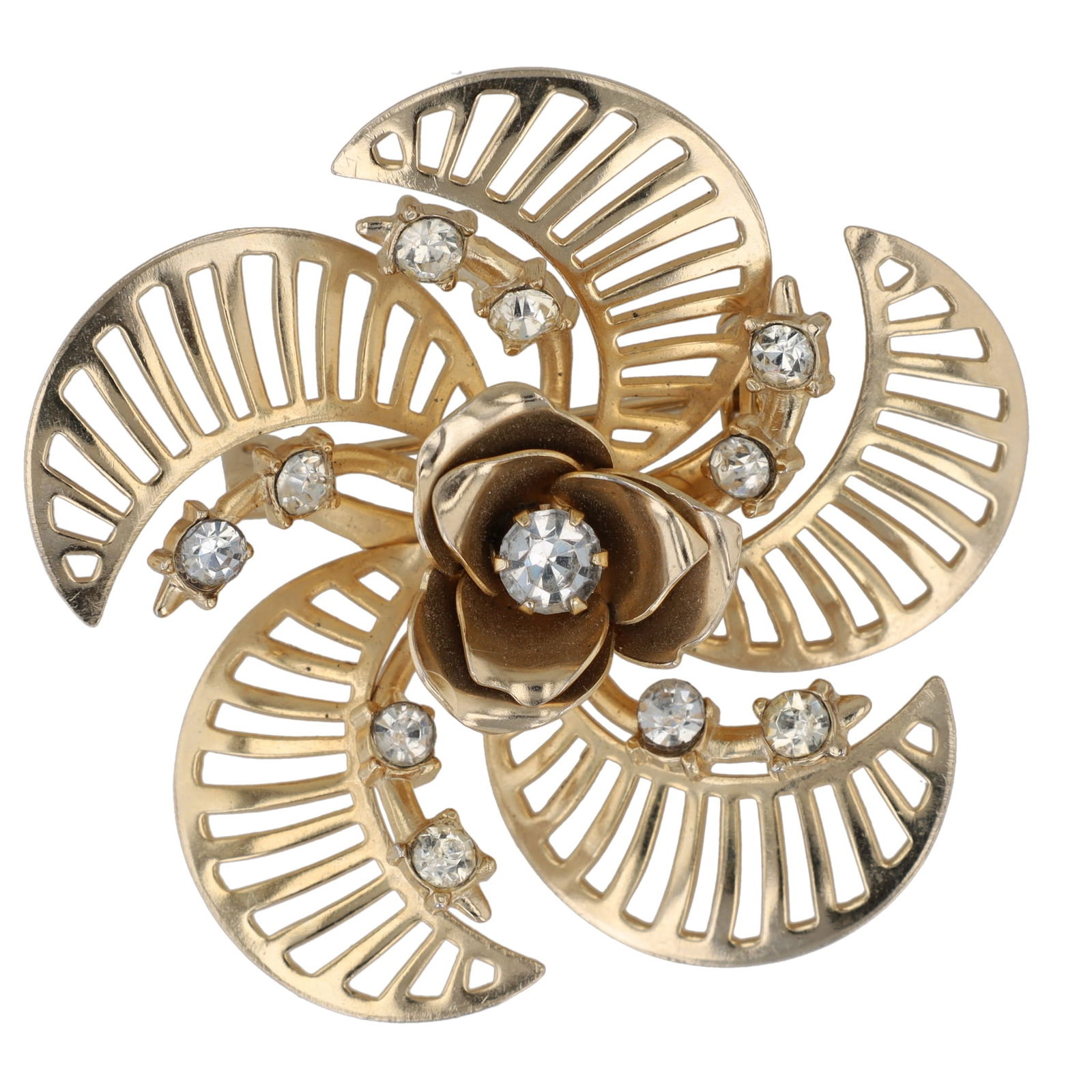 Vintage Mid-Century. "Coro" Gold Tone Spiral Brooch w/Floral Motif, Signed. 9.7g: Highly collectible vintage Coro brooch, signed. Gold tone, spiral brooch with floral motif and rhinestones.