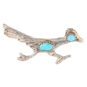 Sterling Silver, Sterling Navajo Roadrunner Pin with Two Turquoise Stones