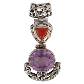 Large Vintage Sterling Silver Amethyst Garnet Drop Pendant