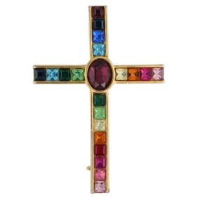 Vintage Gold Tone Multicolored Rhinestone Cross Brooch