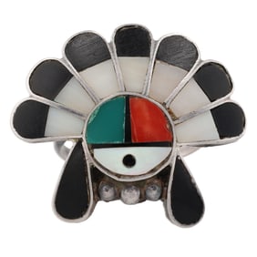 Vintage Sterling Zuni Sterling Silver Inlay Headdress Ring Sz 6