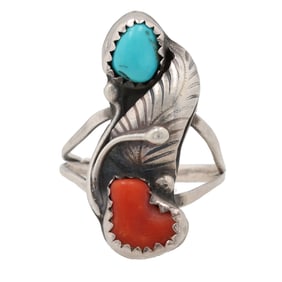 Vintage Sterling Navajo Sterling Silver Turquoise Coral Ring AS-IS Sz 6.5