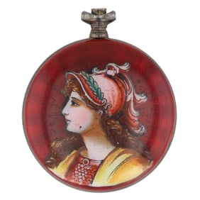 Magnificent Antique Hand Painted Red Enamel Minerva/Pallas Athena Ladies Pocket Watch