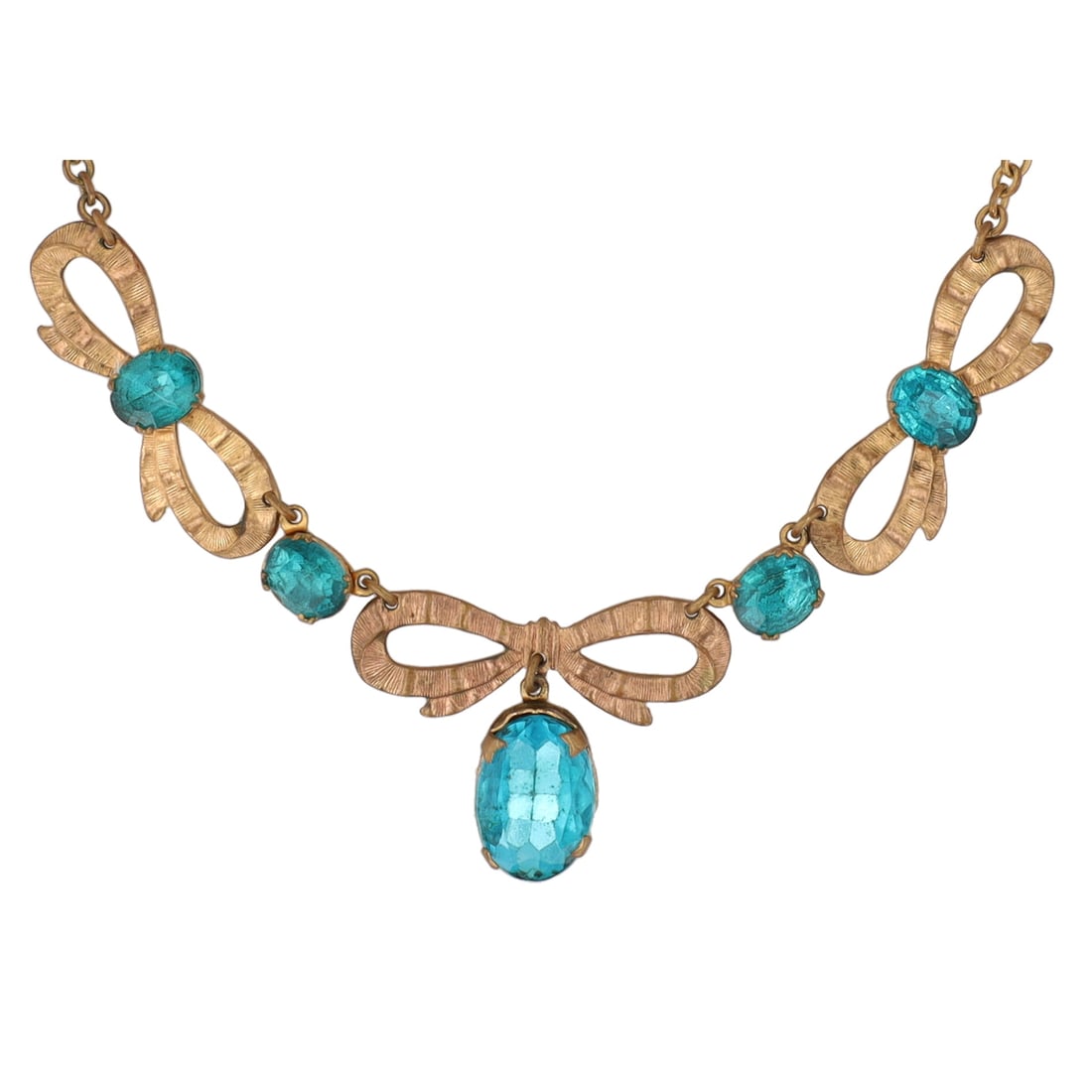 Beautiful Czech Glass Gold Tone 1930s Bow Necklace: Beautiful Czech Glass Gold Tone 1930s Bow Necklace with blue crystals. Gorgeous floral motif clasp