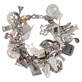 Fully Loaded Sterling Silver Vintage Charm Bracelet, Over 45 Sterling Charms, One 14K Gold Chai
