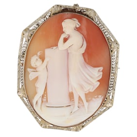 Antique 14K Gold Shell Cameo, Rare Left Profile, Venus & Cupid Motif (late 19th century or early