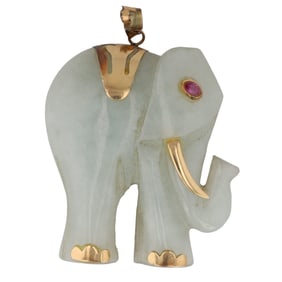 Large Jade Elephant Pendant with Ruby Eye and 14K Gold Details 23g Marked 585