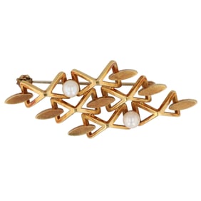 Mid-Century Modern Italian Design Masterpiece, 18K Gold Genuine Pearl Pin 10g Marked 750