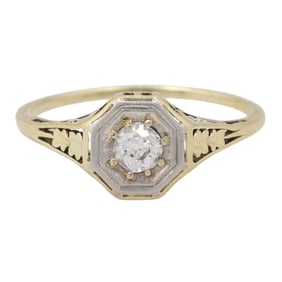 Beautiful Art Deco Diamond Engagement Ring Set in Platinum & 14K Gold Sz 7, ~.33 Carats