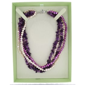 Ross Simons Genuine Amethyst and Pearl 5 Strand Torsade Necklace in Original Box, Sterling Clasp