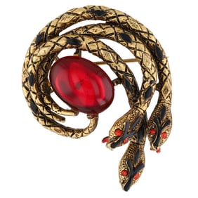 Vintage ART Three Snake Brooch with Ruby Red Costume Eyes and Center Cabochon
