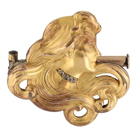Antique Early Art Nouveau French "Titre Fixe" 18k Gold Plated, Beautiful Woman's Profile with