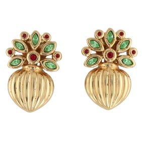 AGATHA Paris Vintage Gold Plated Brass Green Red Bouquet Clip Earrings