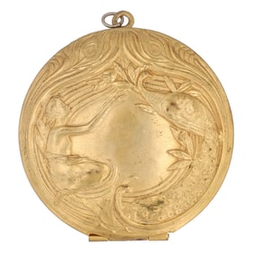 Antique French Brass Art Nouveau Pendant Locket, Beautiful Woman and Peacock Motif