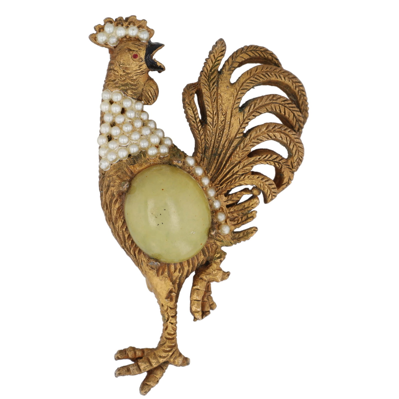 Vintage Mid-Century Oleg Cassini Green Stone Seed Pearl Rooster Costume Brooch (1 of 4)