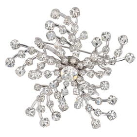 Stunning Vintage Rhodium Plated Rhinestone Snowflake Brooch, Delicate and Bright