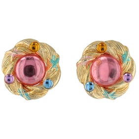 Gold Tone and Pastel Cabochon 1980s Power Clip-Ons