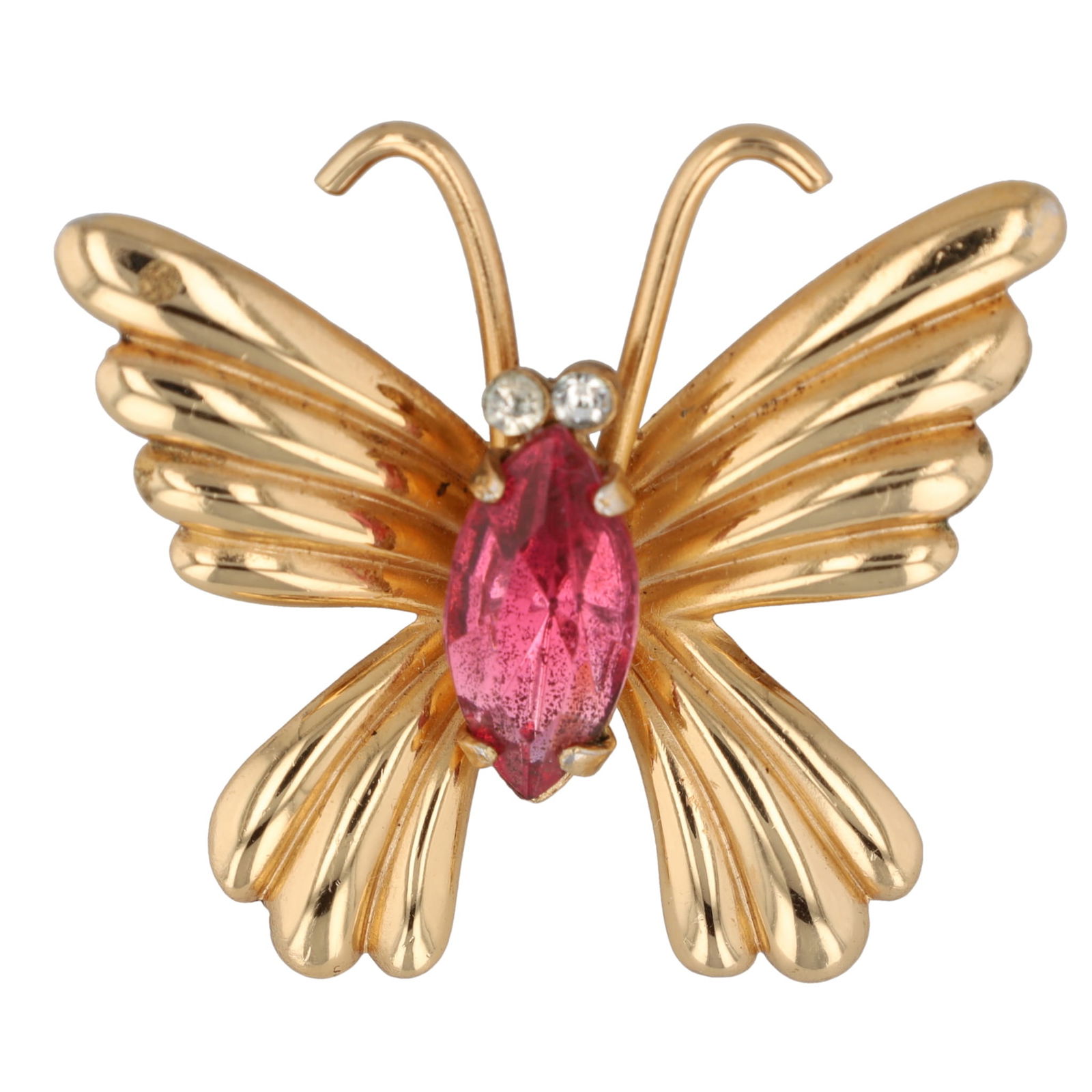 Signed Coro Vintage Costume Gold Tone Butterfly Brooch: Signed Coro Vintage Costume Gold Tone Butterfly Brooch with Pink and White Crystals. Signed Coro