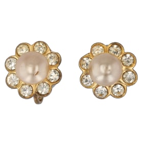 Sterling Silver Faux Pearl Rhinestone Screw Back Earrings