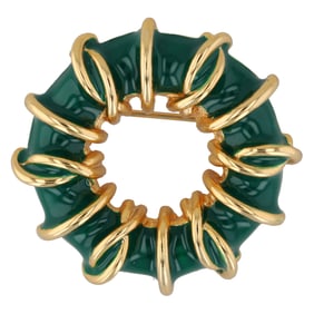 Vintage Orena Paris Gold Tone Green Enamel Circle Brooch