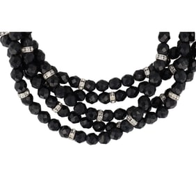 Lovely Five Strand Jet Black Bead Rhinestone Station Choker
