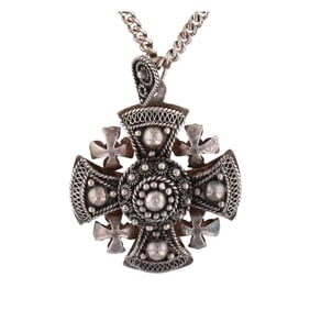 Vintage Jerusalem 900 Silver Multi Maltese Cross Filigree Pendant Necklace
