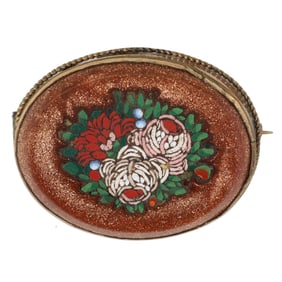 Stunning Antique Victorian Era, Italian Micro-Mosaic Rose Brooch in Goldstone Setting, Gold Tone