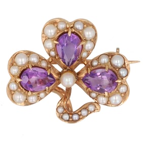 14K Gold Amethyst Pearl Clover Brooch
