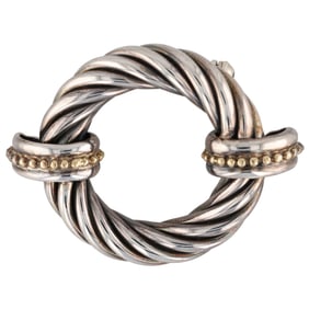 Vintage Italian 18K Gold Sterling Silver Round Cable Design Brooch