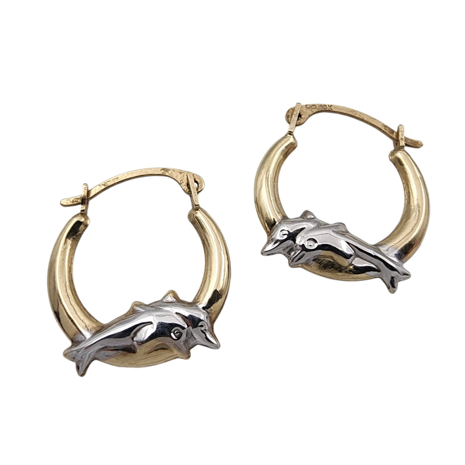 10k Gold Dolphin Hoop Earrings: 10k Gold Dolphin Hoop Earrings .4g