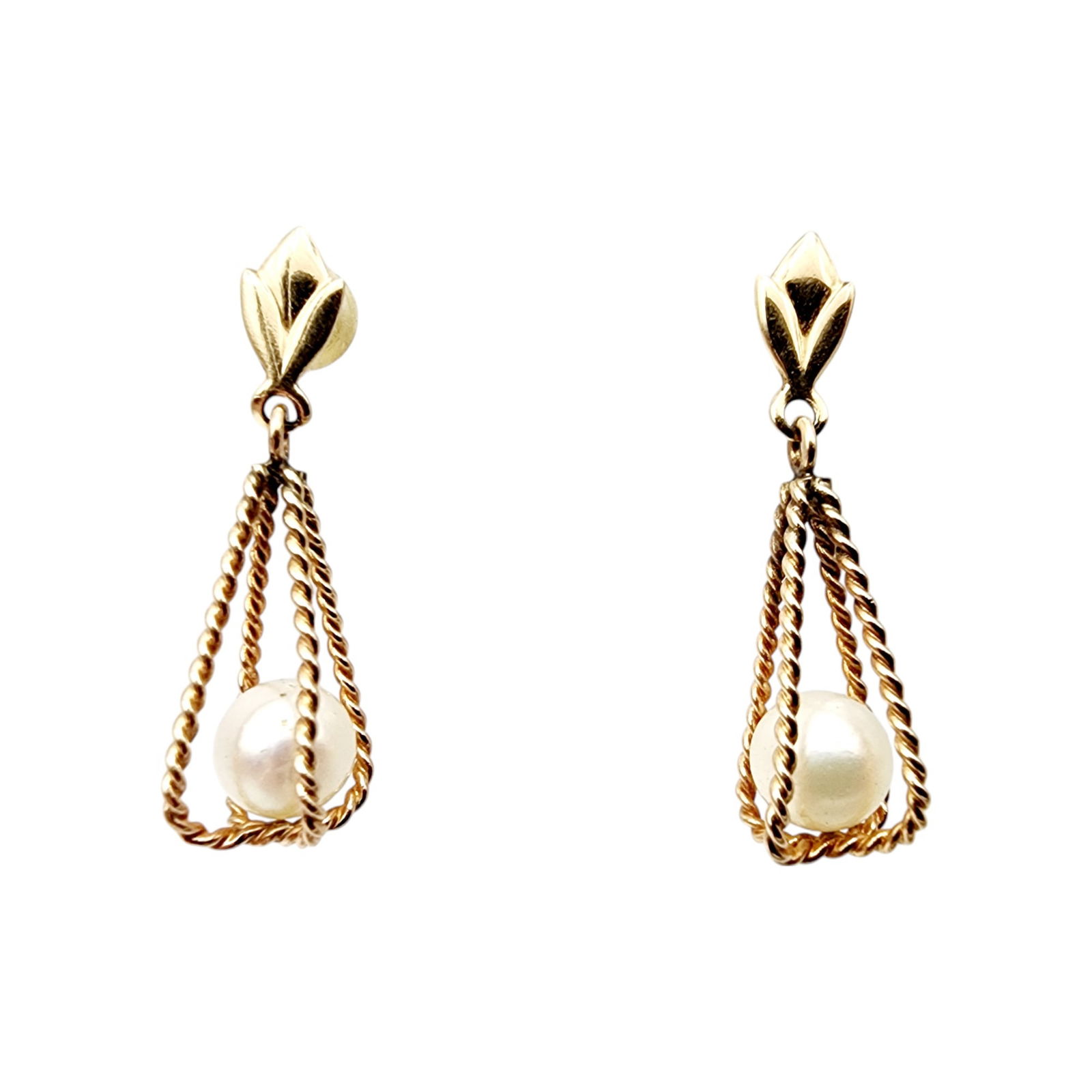 14k Gold Signed Caged Pearl Dangle Earrings (1 of 4)