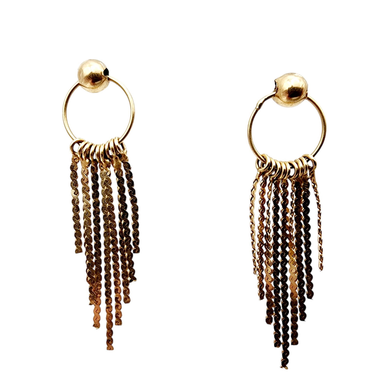 14k Gold Tassel Earrings: 14k Gold Tassel Earrings 1.8g, as is - small dent in ball part of earrings