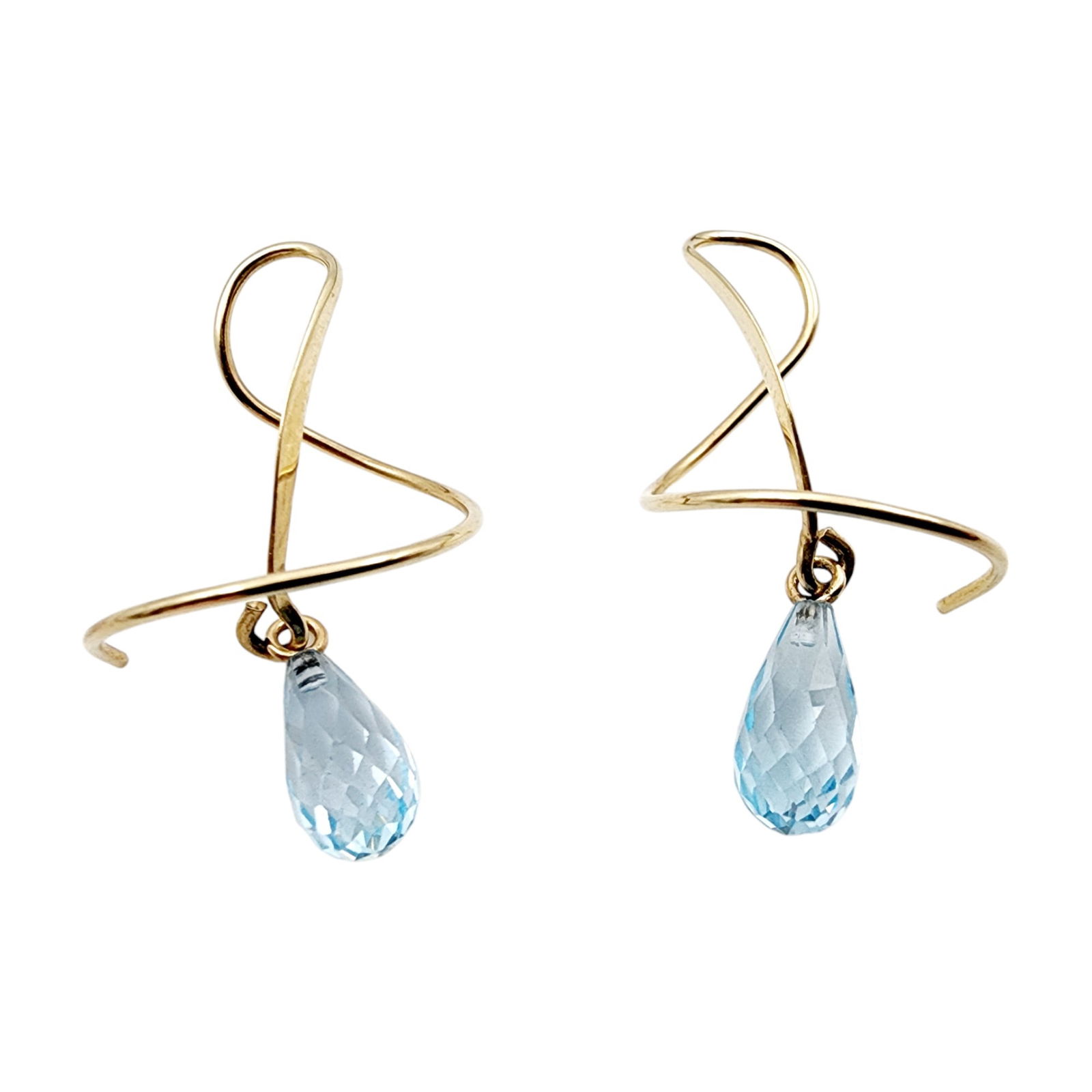14k Gold Signed Spiral Faceted Topaz Blue Dangle Earrings (1 of 6)