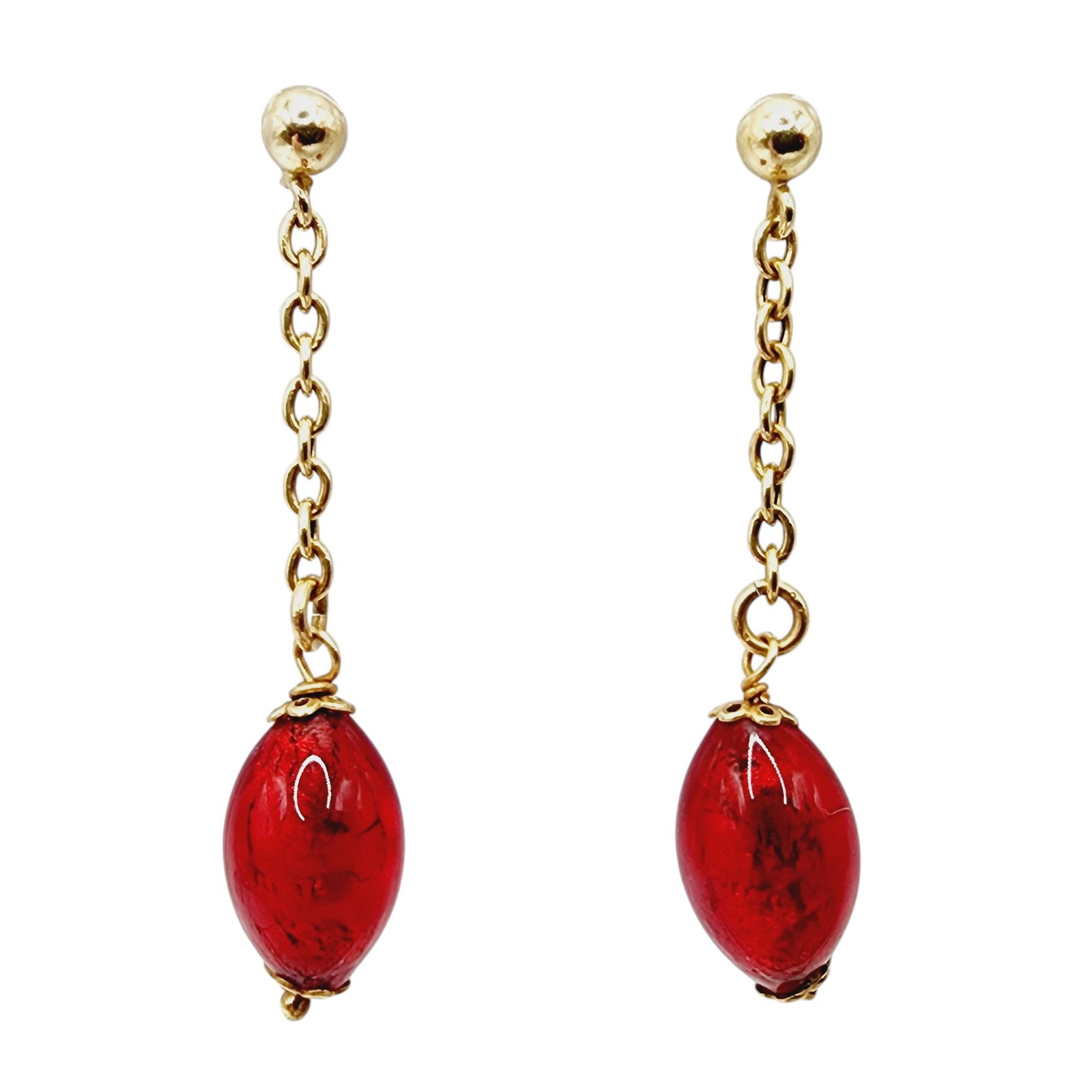 14k Gold Red Murano Glass Tassel Earrings: 14k Gold Red Murano? Glass Tassel Earrings 4.01g (no backs)