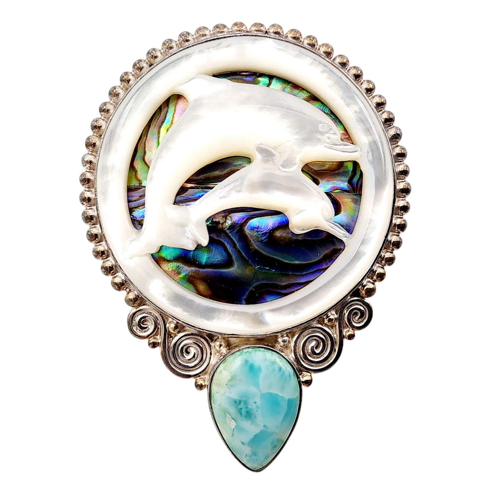 Sajen Sterling Larimar Abalone Dolphin Pendant Brooch (1 of 6)