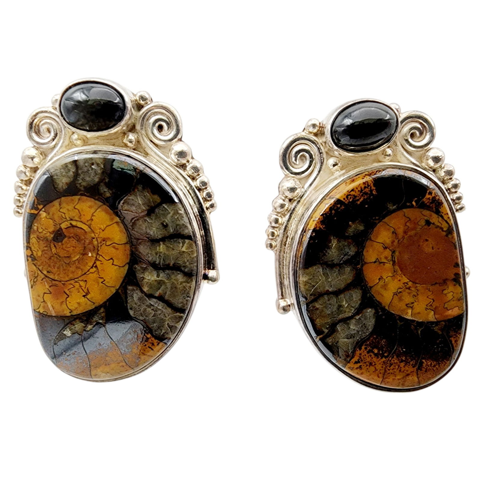 Sajen Sterling Fossil Ammonite and Black Star Diopside Earrings: Sajen Sterling Fossil Ammonite and Black Star Diopside Earrings 25.2