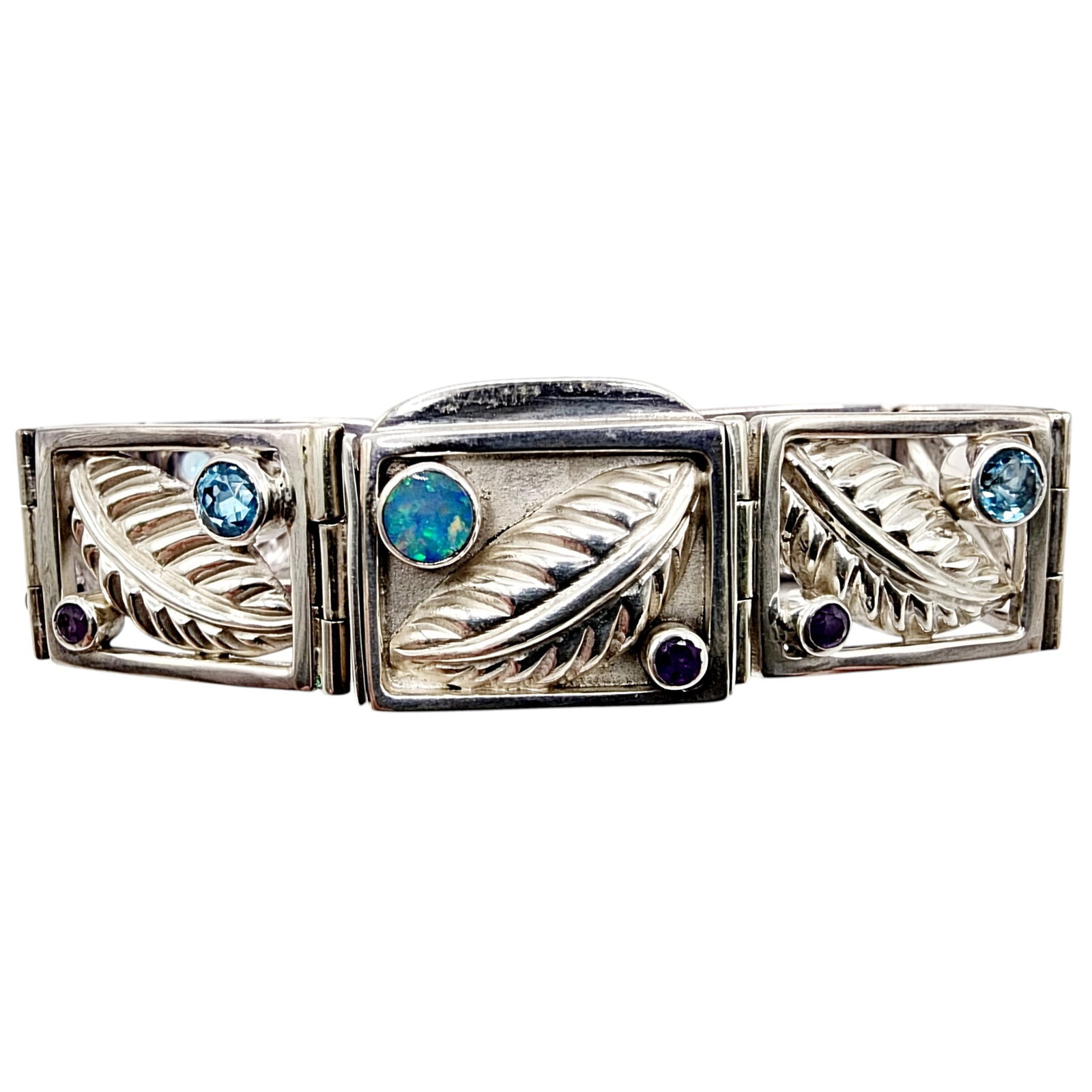 Sajen Sterling Opal Topaz Amethyst Panel Bracelet: Sajen Sterling Opal Topaz Amethyst Panel Bracelet 42g