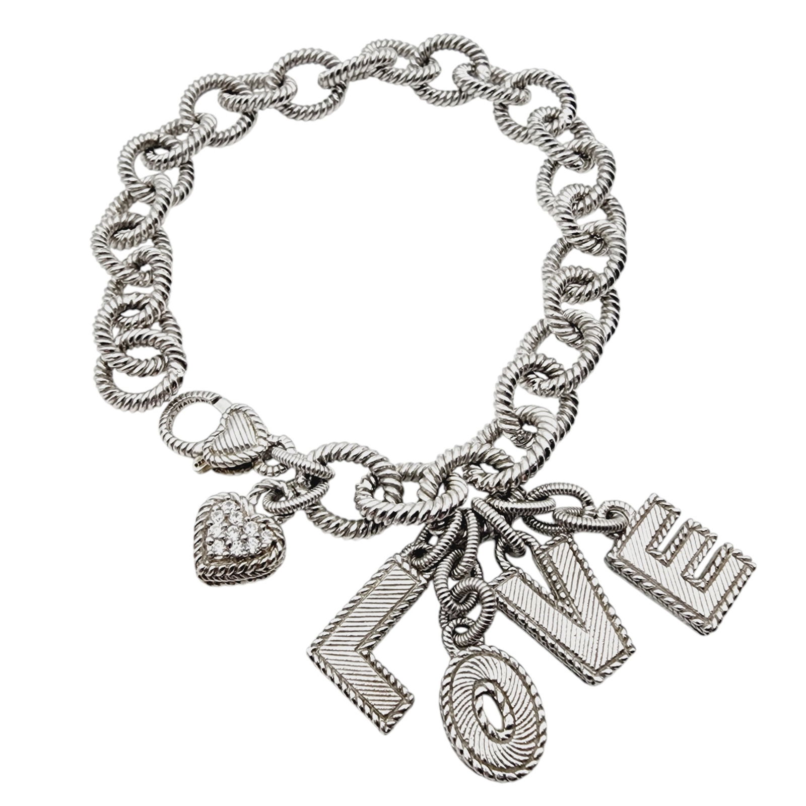 Judith Ripka Sterling Cubic Zirconia Love Charm Bracelet: Judith Ripka Sterling Cubic Zirconia Love Charm Bracelet 38.5g