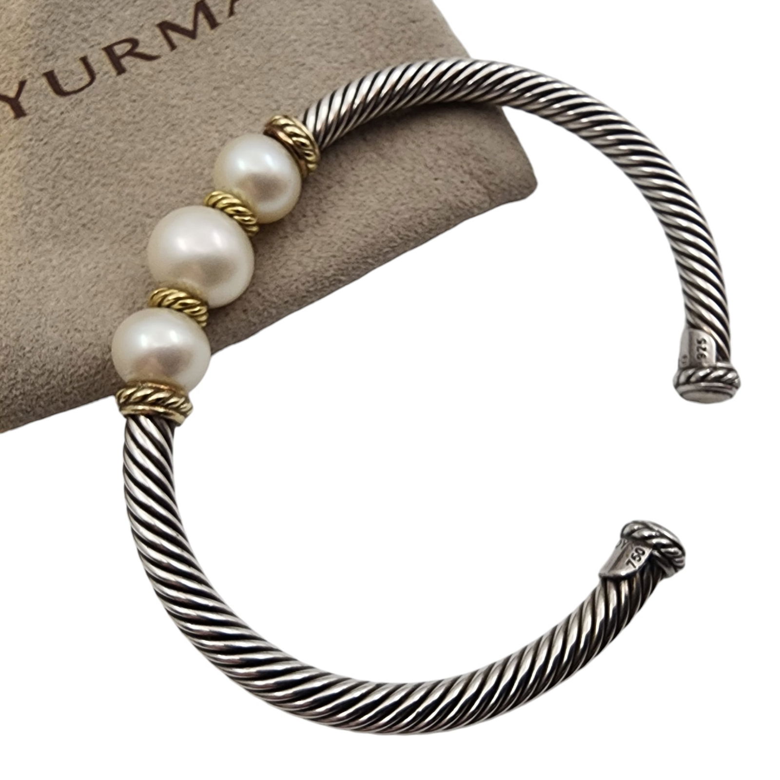 David Yurman 18k Gold Sterling Pearl Cable Cuff Bracelet (1 of 8)