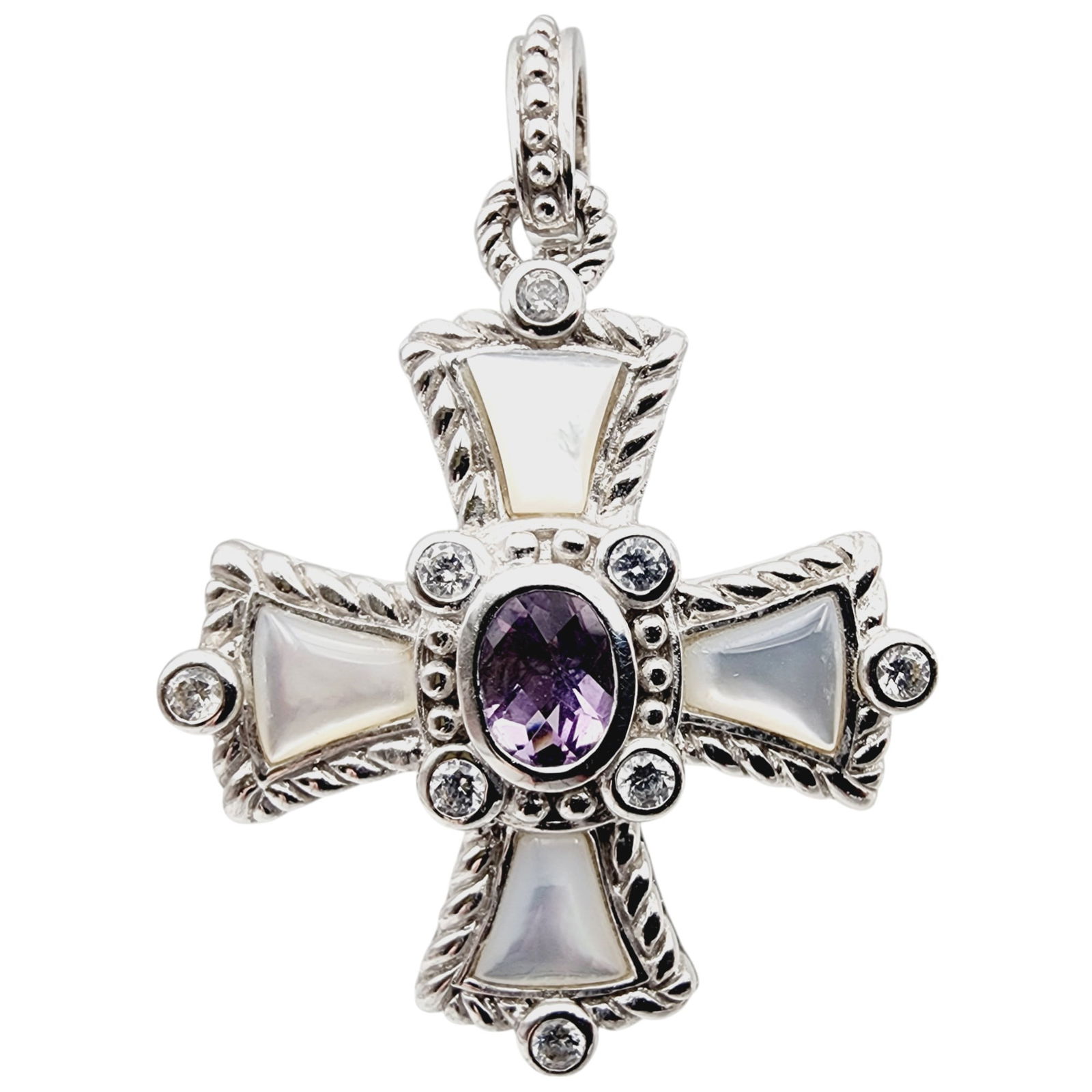 Judith Ripka Sterling Amethyst Mother of Pearl Diamonique Cross Pendant: Judith Ripka Sterling Amethyst Mother of Pearl Diamonique Cross Pendant 20.4g